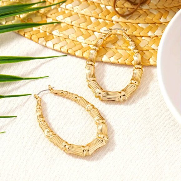 14K Gold Womens Large Oval Bamboo Hoop Earrings 14 Karat Silver Hoops Jewelry - Picture 6 of 6